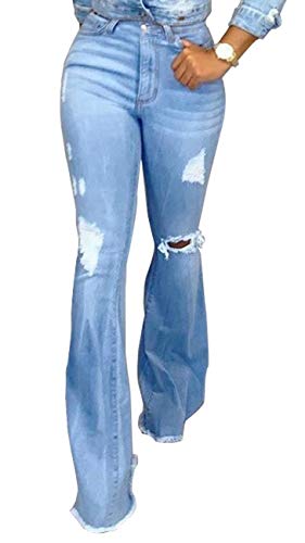 SeNight Women's Elastic Ripped Hole Classic Denim Bell Bottom Jeans