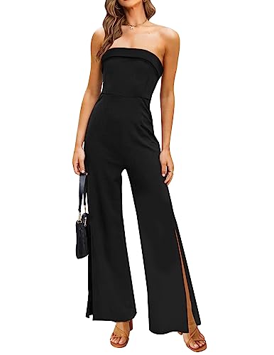 ZESICA Women's Strapless Jumpsuit Casual Off Shoulder High Waist Wide Leg Side Slit Long Romper Playsuits with Pockets,Black,X-Large