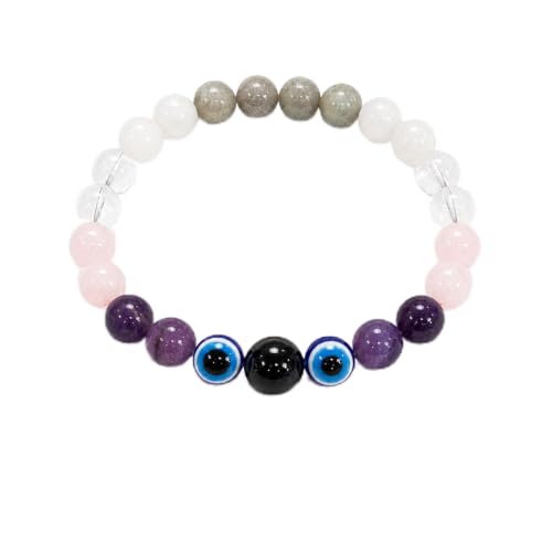 Image of Karka (Cancer) Rashi Bracelet | Labradorite, Moonstone, Clear Quartz, Rose Quartz,Amethyst, Evil Eye | Emotional Stability & Intuition | Relieves Anxiety, Boosts Intuition | For Men & Women