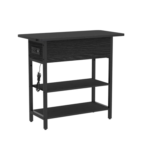 Image of Yoobure End Table with Charging Station, Flip Top Side Table with USB Ports and Outlets, Sofa Couch Table Bedside Table for Living Room Bedroom, Narrow Nightstand with Storage Shelves for Small Space