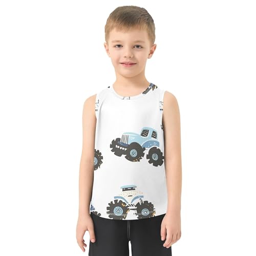 JUNZAN Cartoon Trucks Car White Boys Tank Top Sleeveless Casual Vest Tees Kids Shirt for Soccer Teenis Exercise Beach 3T2
