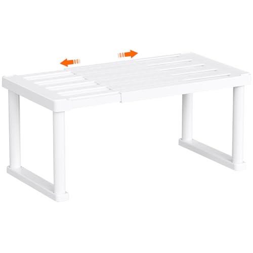 Lifewit Cupboard Shelf Organiser, Expandable Countertop Kitchen Shelves, Plastic Shelf Riser for Pantry Kitchen Storage and Spice Rack, Set of 1, White Cabinet