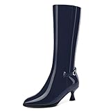 NUMALEO Women's Fashion Buckle Ankle Strap Low Heel Round Toe 2 Inch Party Zip Kitten Patent Knee High Boots Navy Blue Size 12 - Tacones para Niñas