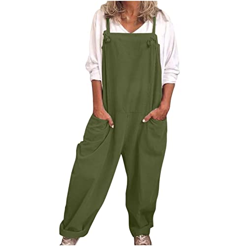 Linen Dungarees Jumpsuit for Women - Sleeveless Wide Leg Summer Overalls With Large Pocket, Oversize One Piece Casual Suit for Holiday Outgoing