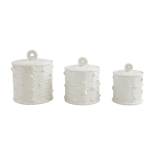 Mud Pie Woven Ceramic Canister Set; Small 5 3/4 inch x 4 1/2 inch Dia | Medium 6 3/4 inch x 5 1/2 inch Dia | Large 7 3/4 inch x 6 1/2 inch Dia Mud Pie Woven Ceramic Canister Set; Small 5 3/4 inch x 4 1/2 inch Dia | Medium 6 3/4 inch x 5 1/2 inch Dia | Large 7 3/4 inch x 6 1/2 inch Dia