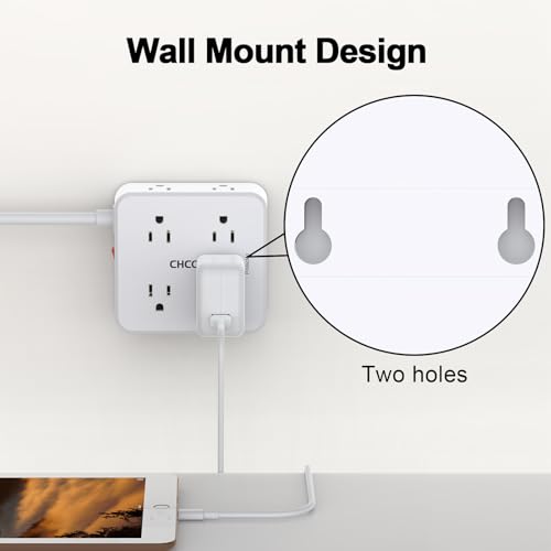 Image of 10Ft Surge Protector Power Strip - CHCORE Flat Plug Extension Cord with 8 Outlets and 4 USB Ports(2 USB C), 3 Side Wall Mount Outlet Extender for Home Dorm Room Essentials, ETL Listed, White