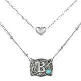 MANZHEN Belt Buckle Bracelet Initial Letter A-Z Bracelets Western Cow Tag Bracelet Belt Buckle Necklace Western Style Initial Letter Pendant Necklace (Necklace, B)