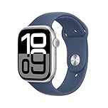Apple Watch Series 10 (GPS 46 mm) Smartwatch mit Aluminiumgehäuse in Silber und Sportarmband in Denim (M/L). Fitnesstracker, EKG App, Always-On Retina Display, Wasserschutz