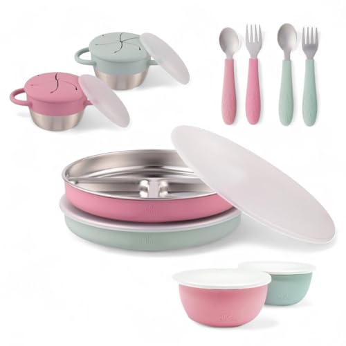 Image of Elk and Friends Kids Stainless Steel Mealtime Bundle | Plates, Bowls, Snack Cups + Toddler Utensils | Silicone Sleeves + Travel Storage Lids | For Meals + Snacks | Dishwasher Safe