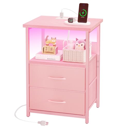 Image of Fixwal Night Stand with Charging Station, LED Nightstand with U-S-B Ports and Outlets, 2 Fabric Storage Drawers with PU Finish, Small Bedside Table, Pink