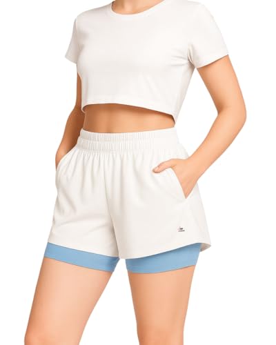 Image of Women's 2-in-1 Running Shorts | Quick-Dry Double Layer Gym Workout Shorts | Inner Compression Liner + Pockets | Lightweight Breathable Athletic Sports Shorts for Training Yoga