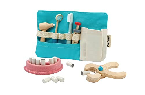 PlanToys® Pretend Play Dentist Toy Set for Kids | Wooden Doctor Kit with Teeth Model, Dental Tools, and Bag | Educational Toy for Toddlers | Encourages Imaginative Role Play