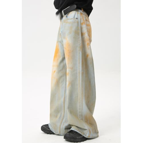 XYGJZ Mens Wide Leg Jeans Orange Tie-Dye Baggy Fit Denim Pants Streetwear4