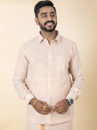 Image of RAMRAJ COTTON Men Gold Tissue Jacquard Full Sleeves Shirt with Matching Dhoti Set