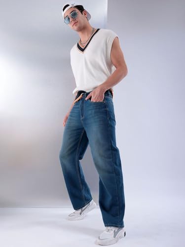 Image of The Indian Garage Co Men Baggy Solid Mid-Rise Stretchable Jeans