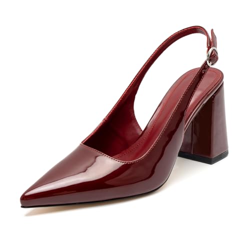 heelchic Slingback Heels for Women Block Heel Pointed Toe Closed Toe Chunky Heel Slip on Wedding Dress Shoes WineRed7