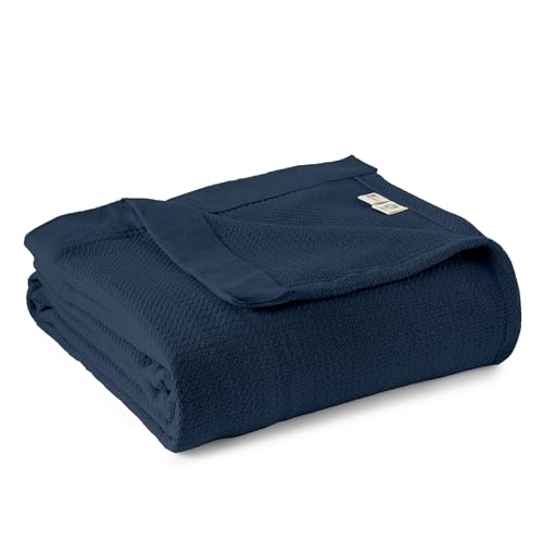 Image of 100% Organic Cotton Blanket - GOTS & Fairtrade Certified Organic Cotton Throw Blanket for Bed with a Heavy & Breathable Single Knit Weave - Great as Bedspread or Coverlet (Navy, Full /Queen)