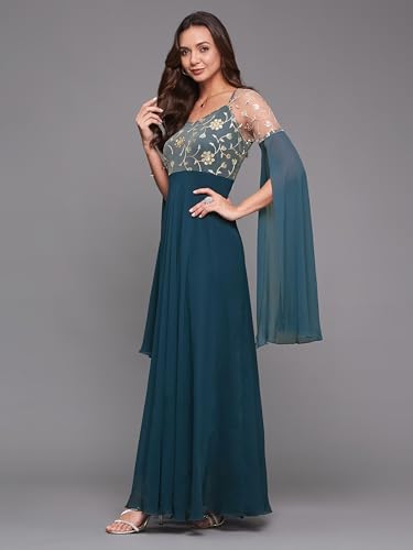 Image of Miss Chase Women's Round Neck Sleeve Embellished Fit Flare Maxi Dress