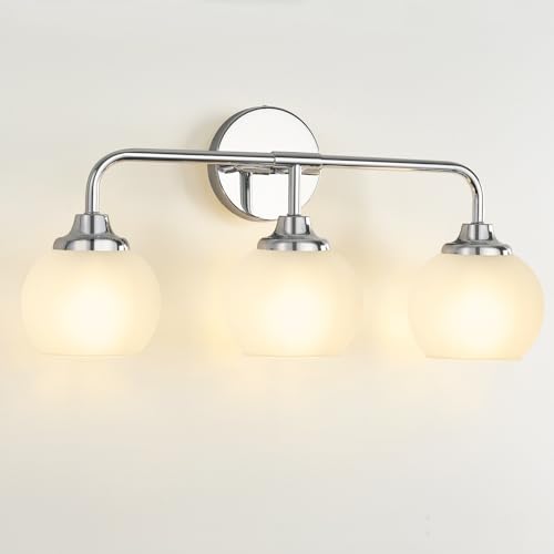 Image of Bathroom Light Fixtures, Chrome Modern 3-Lights Vanity Light Over Mirror, Globe Bathroom Lights with Milky White Glass Shade for Bedroom Living Room Farmhouse 22 inch