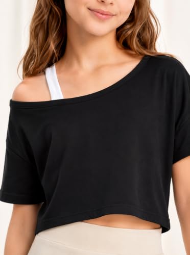 Image of Girls Off The Shoulder Tops Asymmetrical Short Sleeve Crop Top Cute Summer Tee Shirts