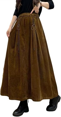 FENXIXIONE Falda Maxi de Pana para Mujer de Otoño Invierno Cintura Alta Elástica Cordón Delantero con Lazo Línea A Plisada Falda Larga con Bolsillos (L, Marrón)