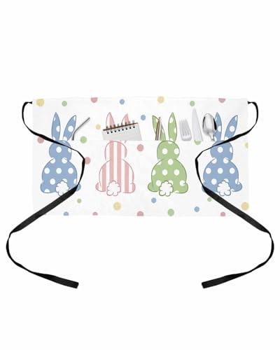 PIEPLE Polka Dot Bunny Server Apron Waitress Aprons with 3 Pockets, Farmhouse Stripes Rabbits Half Waist Waiter Aprons Restaurant Chef Aprons for Women Men
