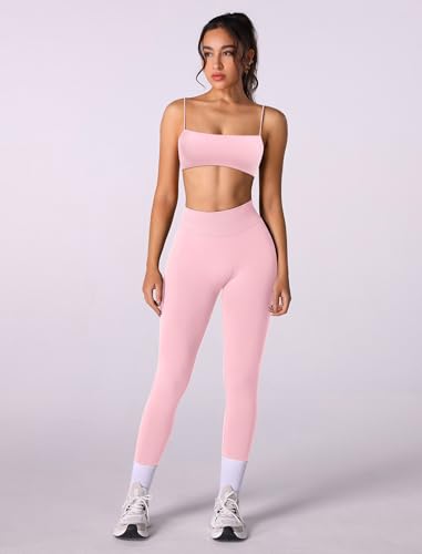 OMEWEE Workout sets for women 2 piece:Spaghetti Straps BacklessTop Bra and High Rise leggings for yoga Pink S — view 3