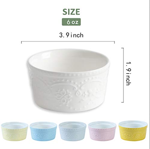 BonNoces Porcelain Embossed Ramekins Souffle Bowls Dishes, 6 Oz Pudding Bowls Dishes Cup for Baking, Set of 5