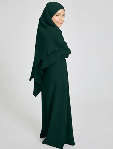 IDOPIP Muslim Dress for Girls Islamic Prayer Abaya Long Sleeve Chiffon Kaftan Robe Dresses with Hijab Ramadan Dubai Outfits3