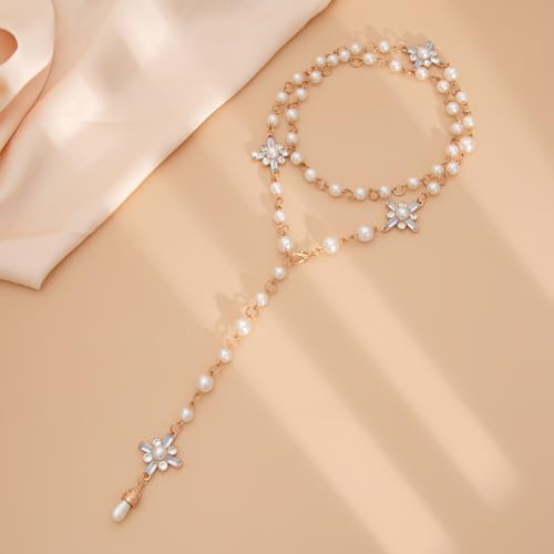 Long Pearl Tassel Chain Necklace Gold/Silver Plated CZ Cross Pendant Necklace Faux Pearl Beaded Long Chain Y Lariat Necklace Layered Pearl Cross Necklace for Women4