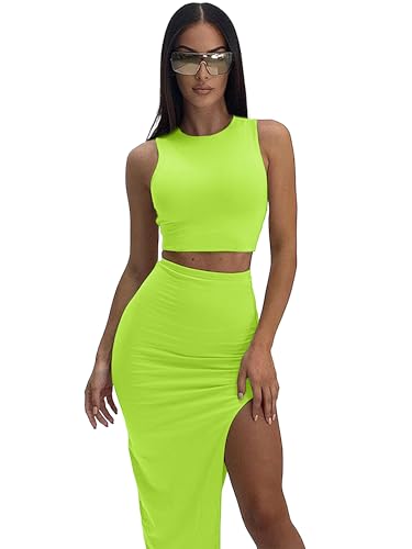 Image of ELLEVEN Sexy 2 Piece Maxi Skirt Sets for Women, Going Out Outfits | High Stretch, Lightweight, Slim Fit, Sleeveless Knit Crop Tank Top, High Slit Skirt Dress Set, Summer Date Night Outfits