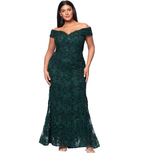 Image of Xscape Women's Plus Size Off The Shoulder Sequin & Lace Overlay Evening Gown with Sweetheart Neckline, Sheath Formal Dress, Hunter Green, 20W