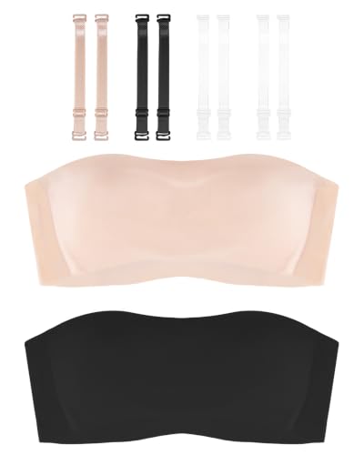 Due Felice Girls Strapless Bra Teen Bandeau Bras 14-16 with Clear Straps Seamless Wireless Non-Slip Size 32-36