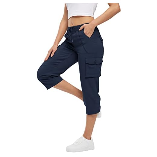 Rdruko Women's Casual Cargo Shorts Drawstring Elastic High Waisted Hiking Capri Pants Summer Outdoor Cropped Trousers for Work Travel Golf, Navy Blue, M