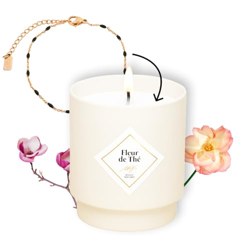 MY JOLIE CANDLE - Bougie Bijou Parfumée Fleur de Thé - Bracelet doré en acier inoxydable avec perles noires - Cadeau parfait pour Noël et anniversaire - Cire à base végétale - Made in France