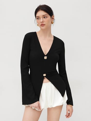 CIDER Women's Tops V Neck Long Sleeve Top Split Elegant Slim Fit Cotton Blend Knit Fabric Daily Casual2