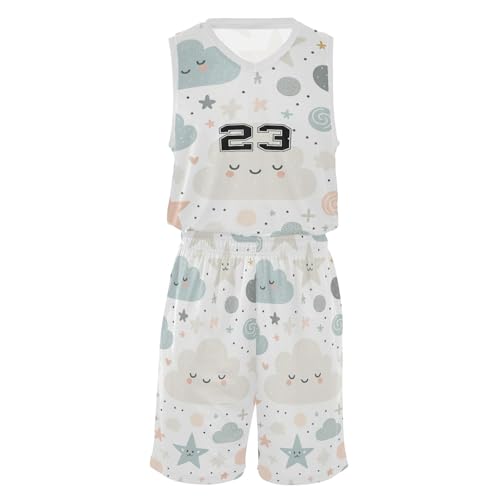 FLildon Cute Clouds Stars Boys Basketball Jersey Set Tank Top Shorts Tracksuit Sport Training Suit for Kids, XL