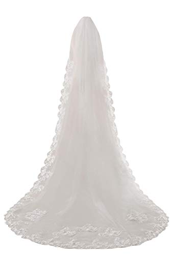 Babyonline Lace Bridal Veil Applique Cathedral Wedding Veil Long Wedding Veil for Women,White