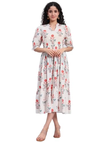 Image of PIDAVLIYA'S Women's Floral Summer Maxi Dress I Cotton Printed I One Piece Bodycon Midi Dress with V-Neck, Puffed Sleeves