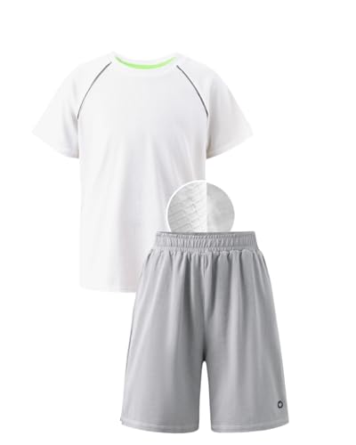 PATPAT Boys 2-Piece Athletic Set, Ultra Lightweight Quick-Dry T-Shirt & Shorts with Air-Grid Tech, Moisture-Wicking Sports Uniform for Kids Youth, Vapor Gray, US14/XL