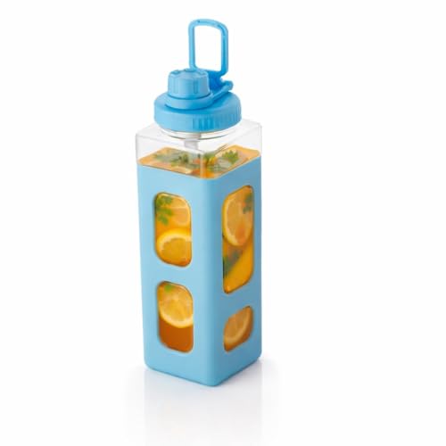 Image of Morecare Water Bottle With Straw & Sticker,Kawaii Bear Water Bottle,Large Sport Plastic Portable Square Drinking Bottle For Girl,Cute Juice Tea Water Cups 900ml Blue (pack of-1)