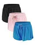 ATTIQOZI 3 Pack Butterfly Shorts Girls Flowy Shorts with Pocket 2-in-1 Athletic Running Soccer Bike Short for Teen Girls Black/Royal Blue/Pink XS
