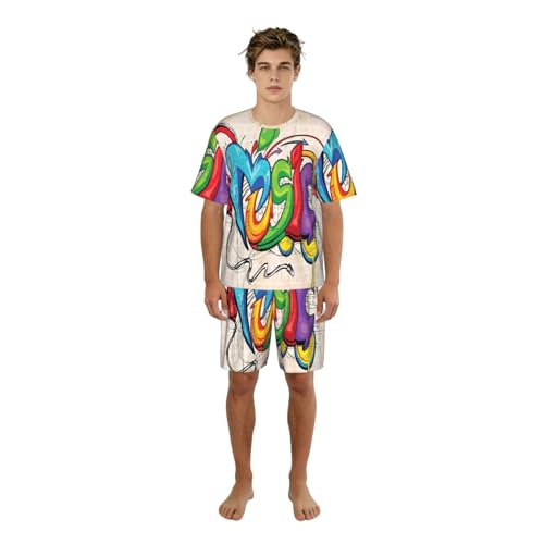 Pyjama manches courtes hommes col rond imprimé graffiti avec short à poches