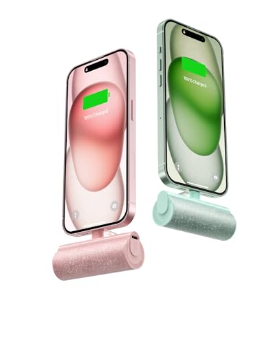 Charmast 2-Pack Small Portable Charger for iPhone 3500mAh, Bling Compact Mini Power Bank, Cute Portable Phone Charger, Green Compatible with iPhone 15 Series, Purple Compatible with /14/13/12/11Series