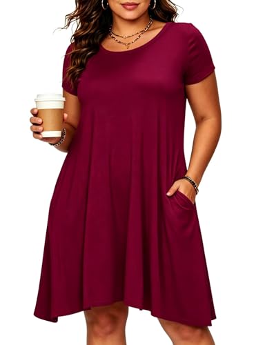 Image of Afibi Womens Short Sleeve Loose Pockets Dress Casual Swing T-Shirt Dresses