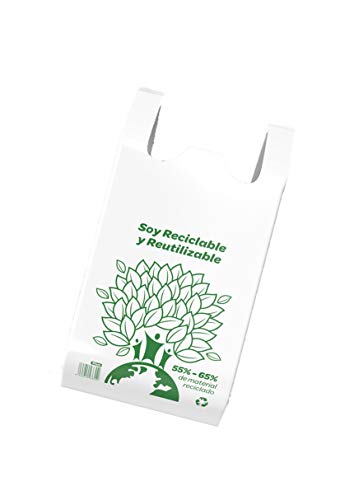 YMBERSA Bolsa Camiseta Reutilizable desechable Greenatur Grande (48 x 59 cm) para Comercio Tiendas. Plástico Reciclado más del 50%. Color Blanco. Paquete 60 Ud