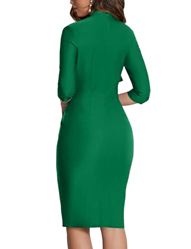 Image of MUXXN Women's Midi Pencil 1950s Vintage Cocktail 3 /4 Sleeve Tie Neck Bodycon Mid-Calf Dress with Pockets