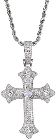 LuxeFlex Gothic Iced Out Diamond Jesus Cross Necklace with 24" Stainless Steel Rope Chain, 14K Gold Plated Pendant Religious Faith Cross Jewelry Gifts, Underground Hip-Hop Jewelry for Men Women (Silver)