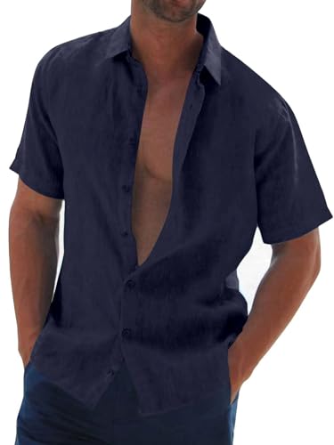 Halfword Leinenhemd Herren Kurzarm Hemd Sommer Freizeithemd Strandhemd Baumwolle Leinen Einfarbig Shirts