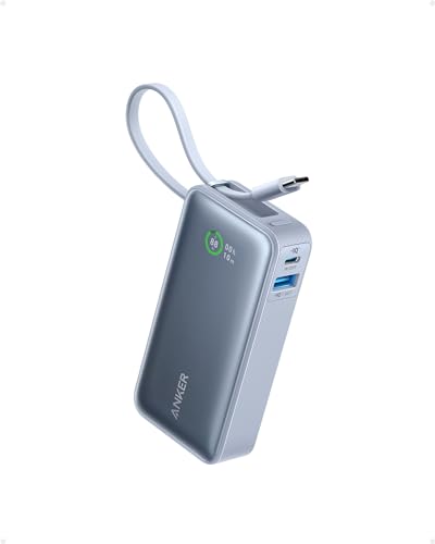 Anker Nano Powerbank,10.000mAh Powerbank mit eingebautem USB-C Kabel, PD 30W Höchstleistung mit 1x USB-C, 1x USB-A, kompatibel mit iPhone 15/14 Serie, MacBook, Galaxy, iPad, AirPods und mehr(Blau)